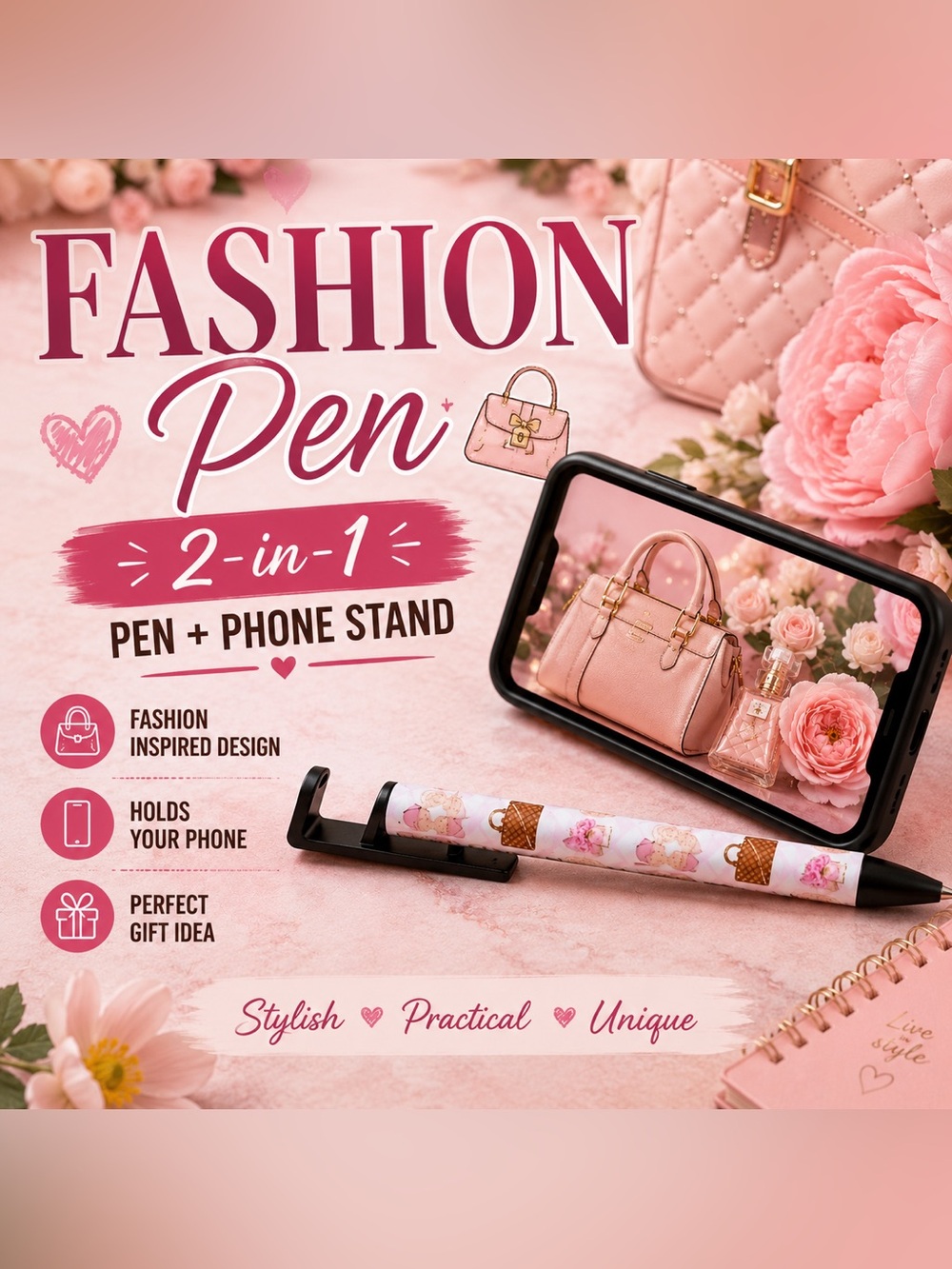Fashion Inspired Purse & Floral Phone Stand Pen